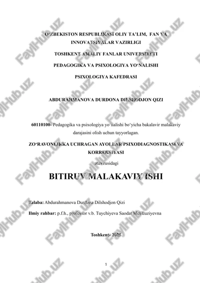 zo‘ravonlikka uchragan ayollar psixodiagnostikasi va korreksiyasi — DOCX
