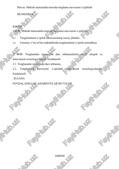 maktab matematika kursida tenglama mavzusini o‘qitilishi — DOCX