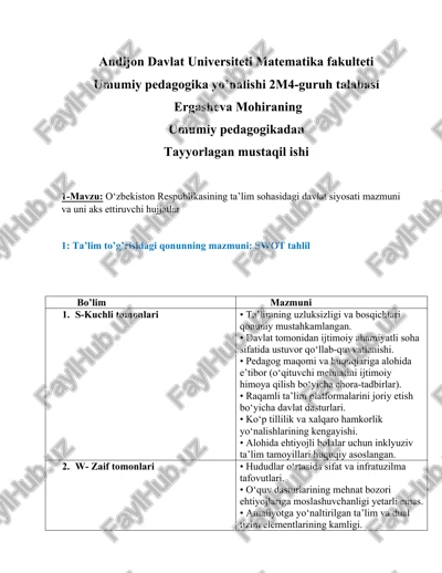 o‘zbekiston respublikasining ta’lim sohasidagi davlat siyosati mazmuni va uni aks ettiruvchi hujjatlar — DOCX