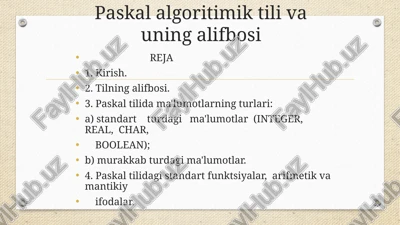 paskal algoritimik tili va uning alifbosi. amallar bajarish operatorlari — PPTX