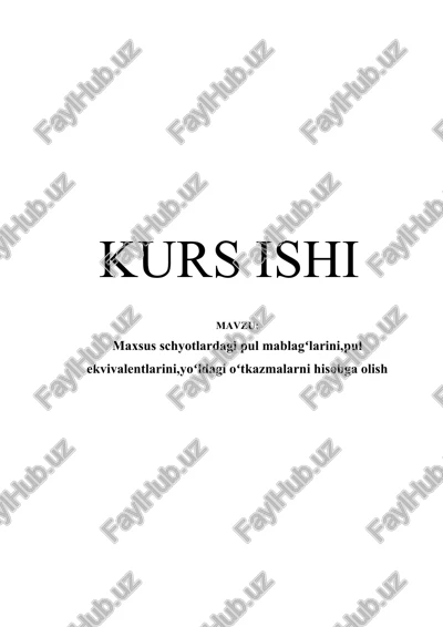 maxsus schyotlardagi pul mablagʻlarini,pul ekvivalentlarini,yoʻldagi oʻtkazmalarni hisobga olish — DOCX