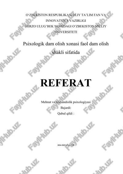 psixologik dam olish xonasi faol dam olish shakli sifatida — DOCX