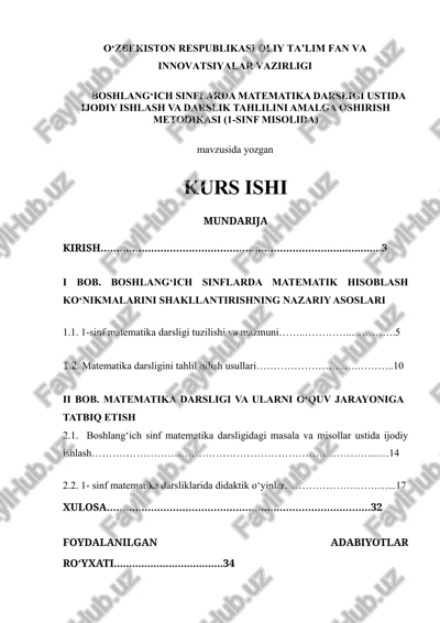 boshlang‘ich sinflarda matematika darsligi ustida ijodiy ishlash va darslik tahlilini amalga oshirish metodikasi (1-sinf misolida) — DOCX