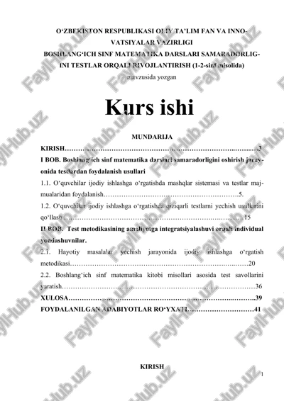 boshlang‘ich sinf matematika darslari samaradorligini testlar orqali rivojlantirish — DOCX