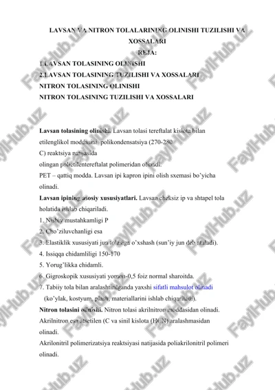 lavsan va nitron tolalarining olinishi tuzilishi va xossalari — DOCX