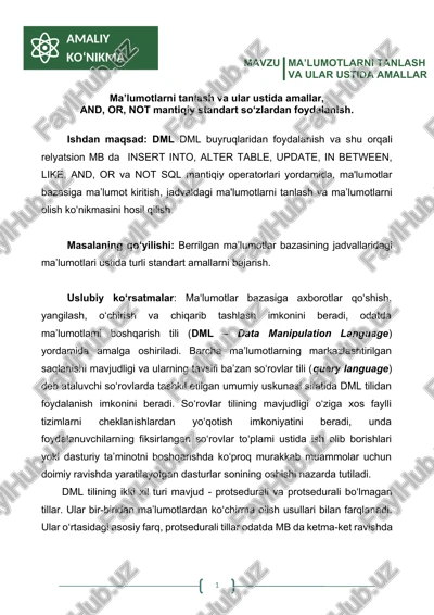 ma’lumotlarni tanlash va ular ustida amallar — DOCX