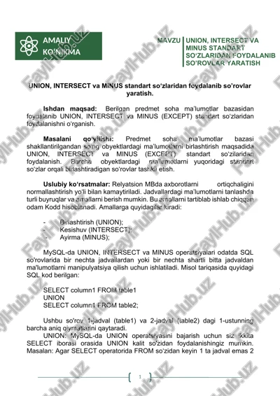 union, intersect va minus standart so‘zlaridan foydalanib so’rovlar yaratish — DOCX