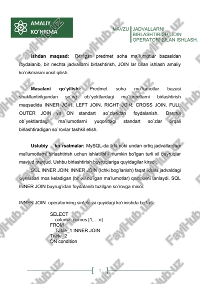jadvallarni birlashtirish, join operatori bilan ishlash — DOCX