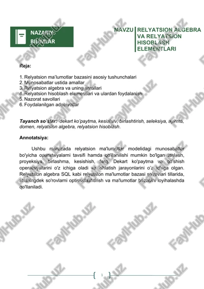 relyatsion algebra va relyatsion hisoblash elementlari — DOCX