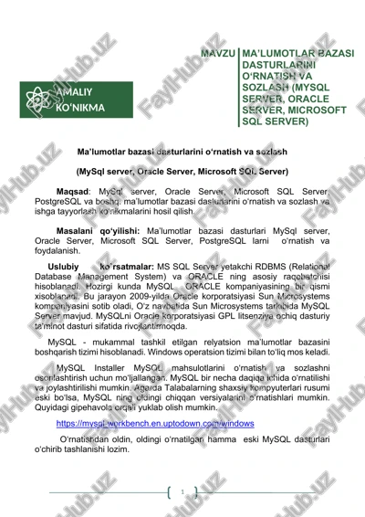 ma’lumotlar bazasi dasturlarini o‘rnatish va sozlash — DOCX