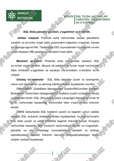 sql tilida jadvallar yaratish, o‘zgartirish va o‘chirish — DOCX