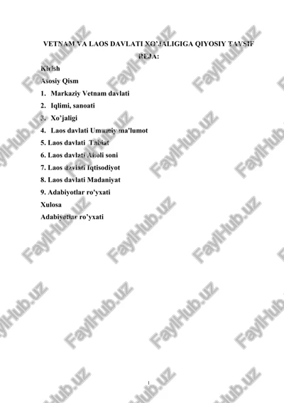 vetnam va laos davlati xo’jaligiga qiyosiy tavsif — DOCX