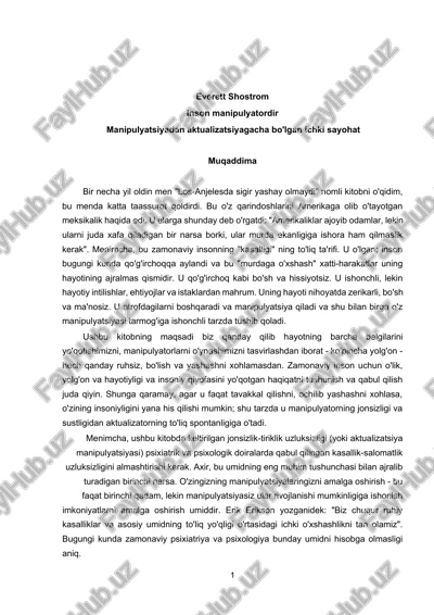 everett shostrom inson manipulyatordir manipulyatsiyadan aktualizatsiyagacha bo'lgan ichki sayohat — DOCX