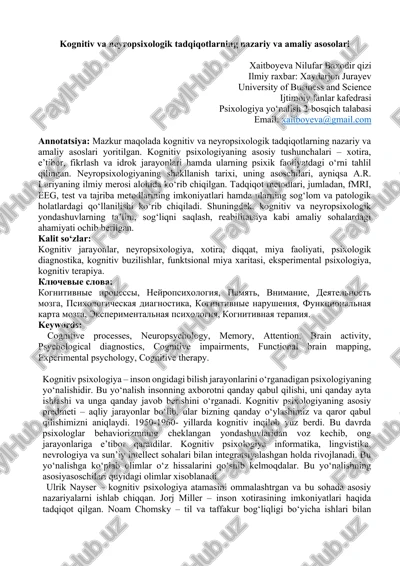 kognitiv va neyropsixologik tadqiqotlarning nazariy va amaliy asosolari — DOCX