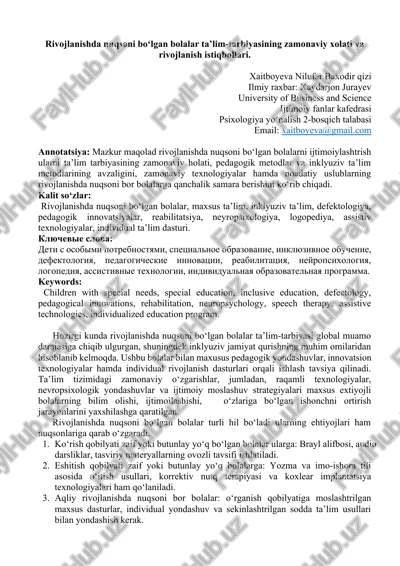 rivojlanishda nuqsoni bo‘lgan bolalar ta’lim-tarbiyasining zamonaviy xolati va rivojlanish istiqbollari — DOCX