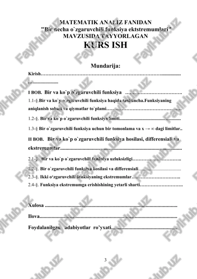 bir necha o`zgaruvchili funksiya ektstremumlari — DOCX