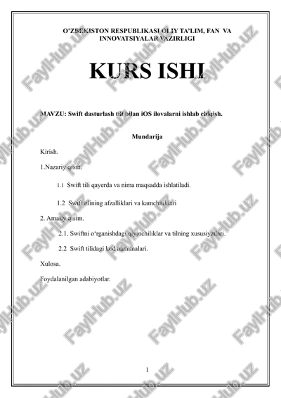 swift dasturlash tili bilan ios ilovalarni ishlab chiqish — DOCX