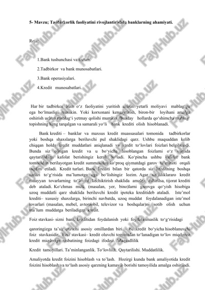 tadbirkorlik faoliyatini rivojlantirishda banklarning ahamiyati — DOCX