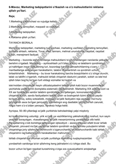 marketing tadqiqotlari va reklama qilish yo’llari — DOCX