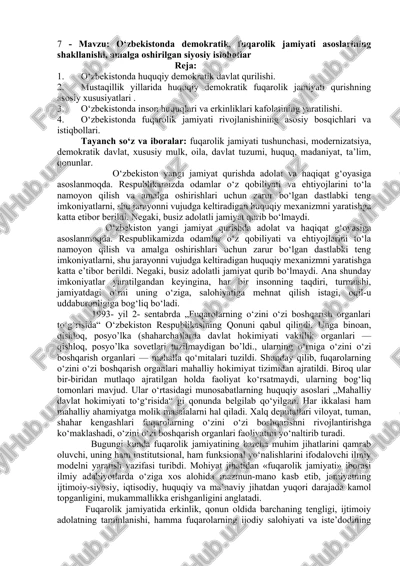 o‘zbekistonda demokratik, fuqarolik jamiyati asoslarining shakllanishi, amalga oshirilgan siyosiy islohotlar — DOCX