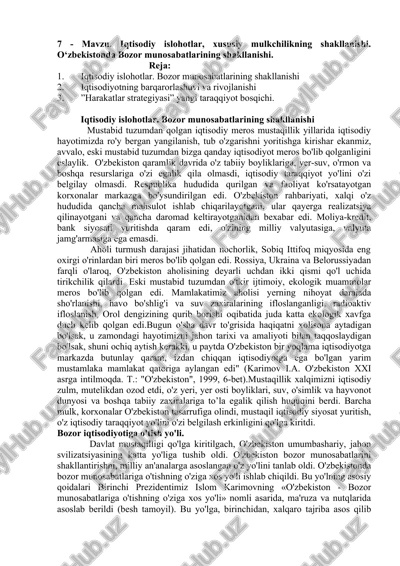 iqtisodiy islohotlar. bozor munosabatlarining shakllanishi — DOCX