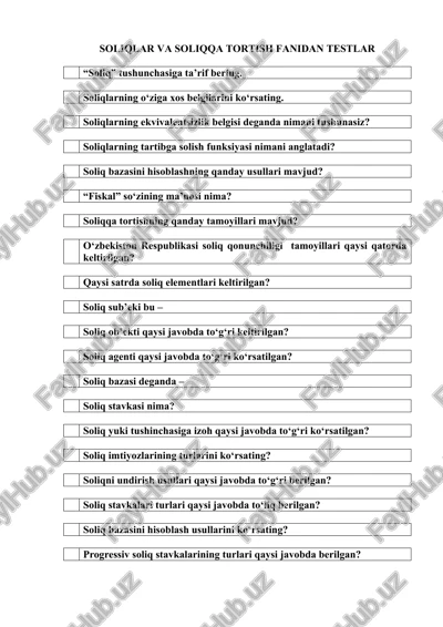 soliqlar va soliqqa tortish fanidan testlar — DOCX