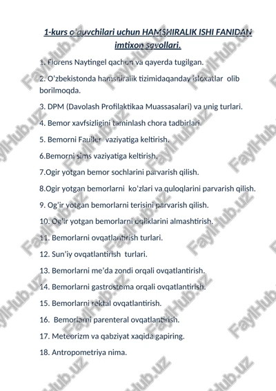 hamshiralik ishi fanidan imtixon savollari — DOCX