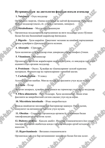 nutritsiologiya va dietologiya fanidan izohli atamalar — DOCX