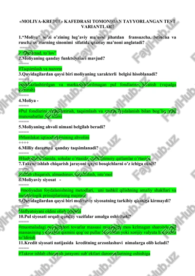 «moliya-kredit» kafedrasi tomonidan tayyorlangan test variantlari — DOCX