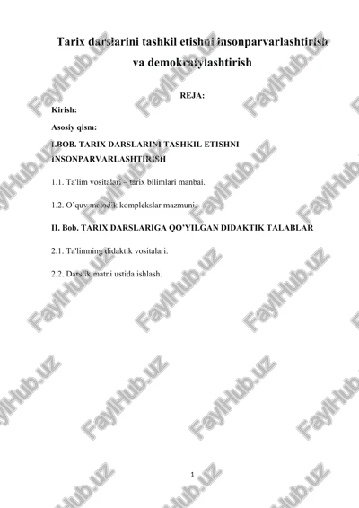 tarix darslarini tashkil etishni insonparvarlashtirish — DOCX