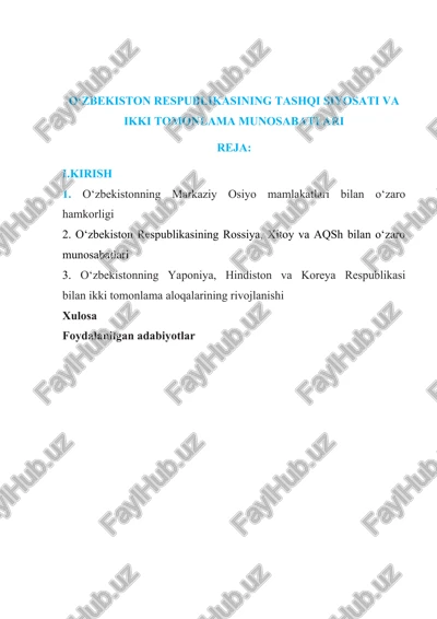 o‘zbekiston respublikasining tashqi siyosati va ikki tomonlama munosabatlari — DOCX