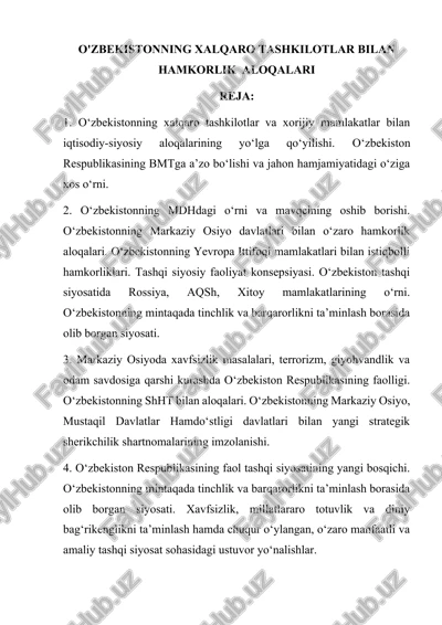 o'zbekistonning xalqaro tashkilotlar bilan hamkorlik aloqalari — DOCX