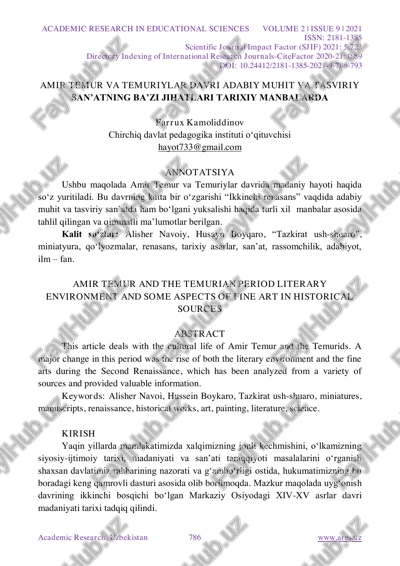 amir temur va temuriylar davri adabiy muhit va tasviriy san’atning ba’zi jihatlari tarixiy manbalarda — PDF