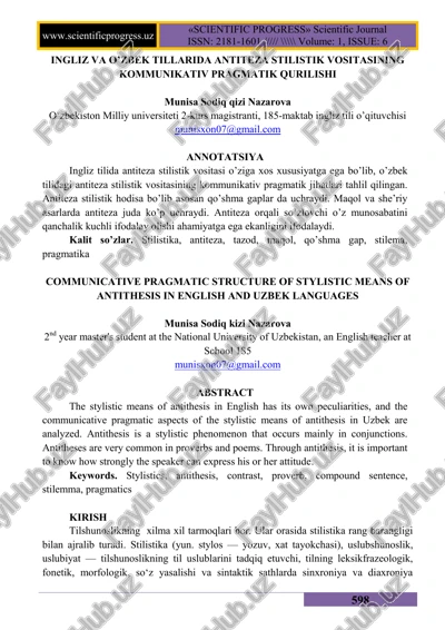 communicative pragmatic structure of stylistic means of antithesis in english and uzbek languages — PDF