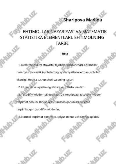 ehtimollar nazariyasi va matematik statistika elementlari. ehtimolning tarifi — DOC