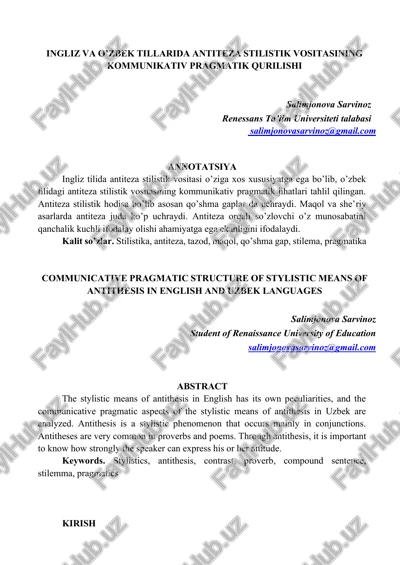 ingliz va o’zbek tillarida antiteza stilistik vositasining kommunikativ pragmatik qurilishi — PDF