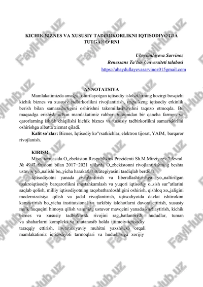 kichik biznes va xususiy tadbirkorlikni iqtisodiyotda tutgan o‘rni — DOCX