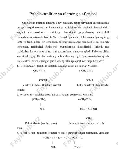 polielektrolitlar va ularning sinflanishi — DOC