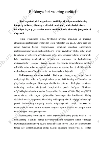 biokimyo fani va uning vazifasi — DOCX
