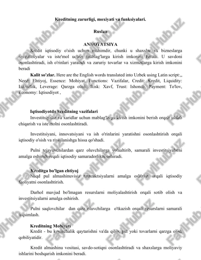 kreditning zarurligi, moxiyati va funksiyalari — DOCX