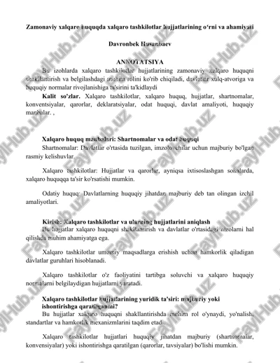 zamonaviy xalqaro huquqda xalqaro tashkilotlar hujjatlarining oʻrni va ahamiyati — DOCX