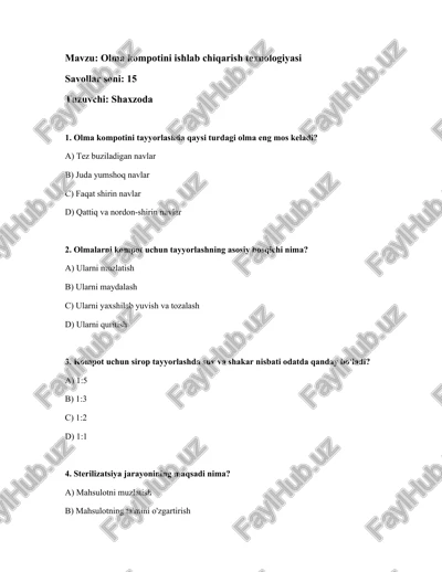 olma kompotini ishlab chiqarish texnologiyasi — DOCX