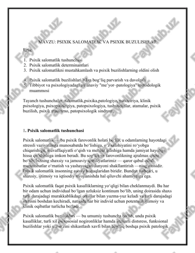psixik salomatlik va psixik buzilishlar — DOCX