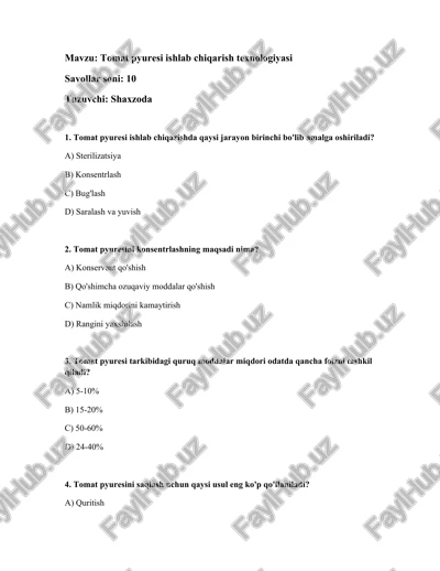 tomat pyuresi ishlab chiqarish texnologiyasi — DOCX