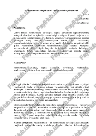 mehmonxonalardagi kapital xarajatlarini rejalashtirish — DOCX