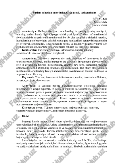 turizm sohasida investitsiyaga oid asosiy tushunchalar — DOCX