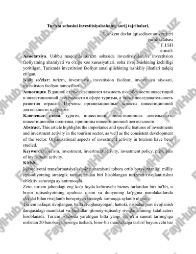 turizm sohasini investitsiyalashning xorij tajribalari — DOCX