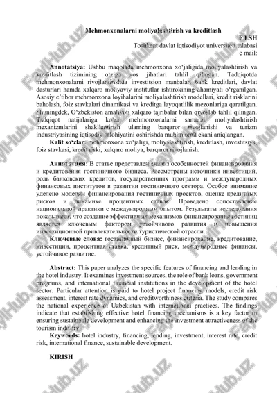 mehmonxonalarni moliyalashtirish va kreditlash — DOCX