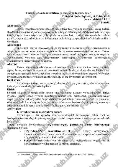 turizm sohasida investitsiyaga oid asosiy tushunchalar — DOCX