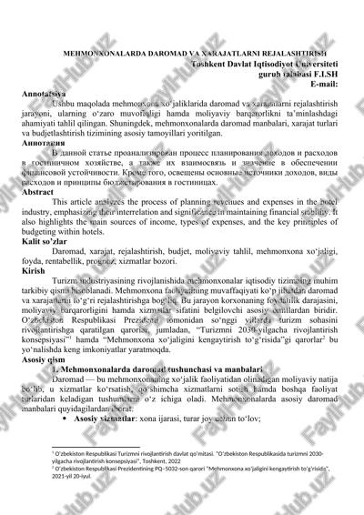 mehmonxonalarda daromad va xarajatlarni rejalashtirish — DOCX